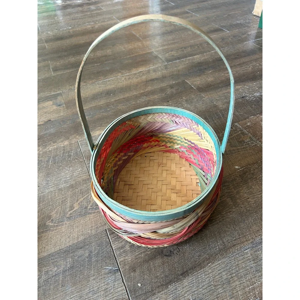 Vintage Style Woven Bamboo Basket Round Multi Color Pink Teal Braided Detail 11i